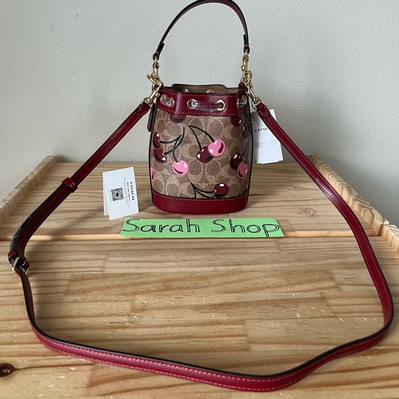 ✅Coach Mini Bucket Bag In Signature Cherry Print Set - Picture 14 of 16